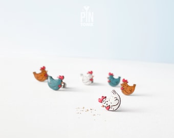 Funny Chicken Stud Earrings - Wood Chicken Mom Jewelry