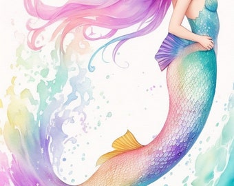 Rainbow Mermaid Clipart - Mermaid Vibrant Clipart - Watercolor Illustration - Set of 4