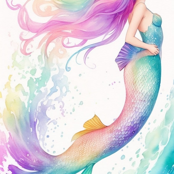 Rainbow Mermaid Clipart - Mermaid Vibrant Clipart - Watercolor Illustration - Set of 4