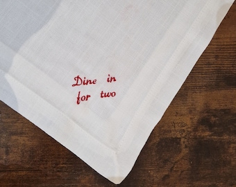 Personalised embroidered Pinterest phrase let's stay home/in, dine in for 2 white linen 45cm customisable dining in Easter