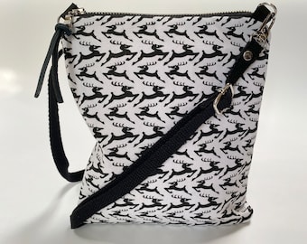Handmade Canvas Crossbody Bag: Black Stag Print, with zipper. Small, secure travel bag.