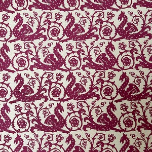 Medieval Dragon & Floral Scroll – Hand-Printed Fabric (Wine Red on Cream Linen) image 8