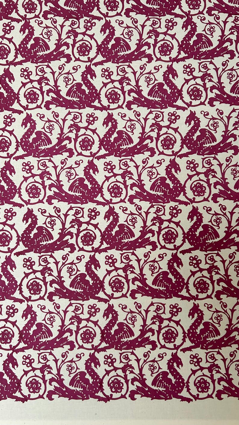 Medieval Dragon & Floral Scroll – Hand-Printed Fabric (Wine Red on Cream Linen) image 8