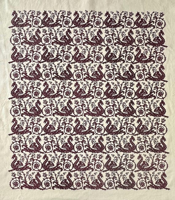 Medieval Dragon & Floral Scroll – Hand-Printed Fabric (Wine Red on Cream Linen)