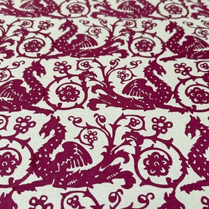 Medieval Dragon & Floral Scroll – Hand-Printed Fabric (Wine Red on Cream Linen) image 7