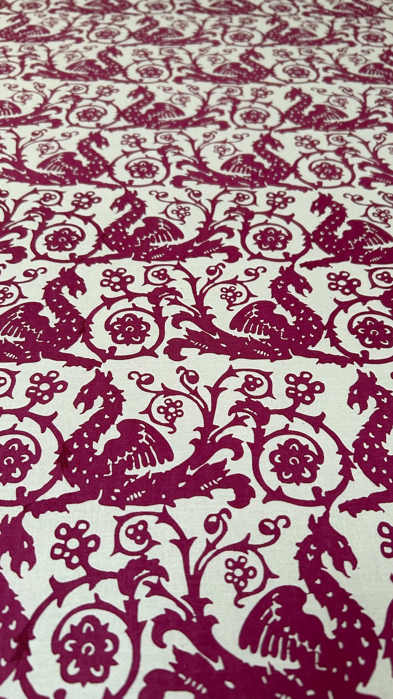 Medieval Dragon & Floral Scroll – Hand-Printed Fabric (Wine Red on Cream Linen) image 7