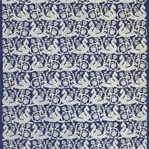 Medieval Dragon & Floral Scroll – Hand-Printed Fabric (White on Blue Linen)