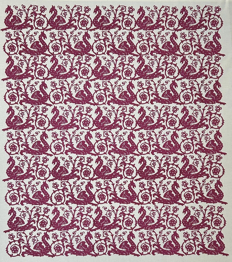 Medieval Dragon & Floral Scroll – Hand-Printed Fabric (Wine Red on Cream Linen) image 9