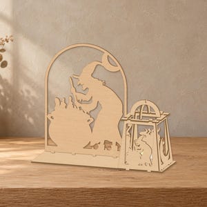Halloween Heksenlantaarn SVG-bundel, 4 ontwerpen van een heksenketel en een zwarte kat, lasergesneden DXF