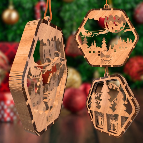 Christmas Laser Cut Files Hexagon Shaped Set- New Year Decor with 10 beautifully hanging ornament, ornament laser file, Christmas Ornaments
