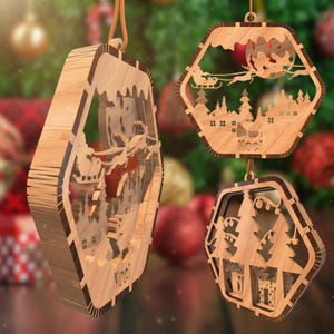 3D Laser Cut Dateien, 3D Laser Cut Dateien, Hexagon Ornament Bundle, Glowforge Weihnachtssvg, Weihnachtsbaum Decor Dxf Pdf