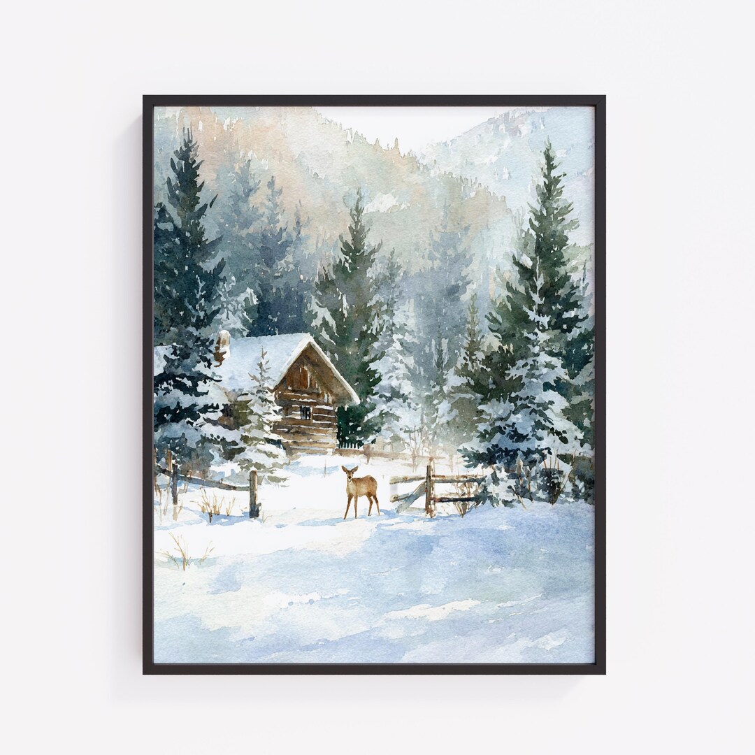 Winter Cabin Wall Art Printable – Snowy Forest Watercolor, Rustic ...