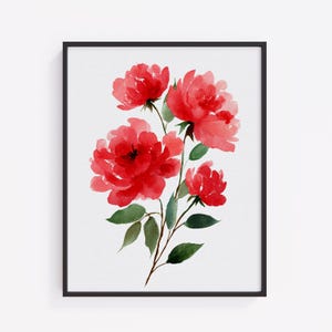 May include: Watercolor painting of red peonies with green leaves and stems, set against a white background. The floral artwork is framed in a black border, creating a classic and elegant aesthetic. The painting showcases a delicate and vibrant botanical theme.