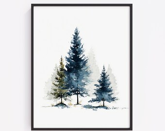 Può includere: Dipinto ad acquerello di alberi sempreverdi nei toni del blu, verde e bianco, su sfondo bianco. L'opera è incorniciata in una cornice nera, creando un'estetica minimalista e naturale. L'immagine evoca un senso di calma e natura.