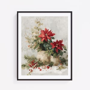 May include: A framed wall art print featuring a painterly depiction of two vibrant red poinsettia plants in light-coloured pots, accompanied by green pine branches and clusters of small red berries against a textured, neutral grey background.