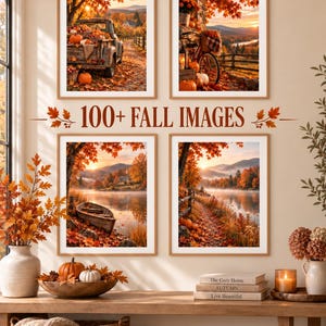 May include: A collection of 100+ fall images displayed in four framed prints featuring autumn landscapes with a vintage truck, a bicycle, a boat on a lake, and a forest path, all decorated with orange pumpkins and vibrant fall foliage.