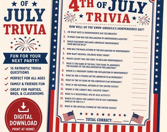 4th of July Trivia Game | Patriotic Independence Day Party Activity (Digital Download)