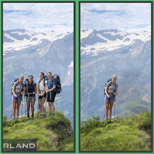 May include: Four hikers stand on a grassy mountain ridge wearing backpacks and holding trekking poles, with snow-capped mountains in the background. A second image shows one of the hikers standing alone in the same mountainous landscape.