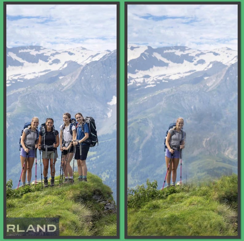 May include: Four hikers stand on a grassy mountain ridge wearing backpacks and holding trekking poles, with snow-capped mountains in the background. A second image shows one of the hikers standing alone in the same mountainous landscape.