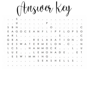 May include: A white word search puzzle with the words "Answer Key" in a cursive font at the top. The puzzle includes words like "ocean", "flip flops", "relaxation", "hammock", and "swimming".
