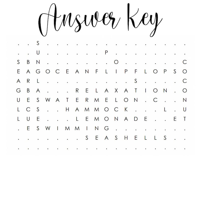May include: A white word search puzzle with the words "Answer Key" in a cursive font at the top. The puzzle includes words like "ocean", "flip flops", "relaxation", "hammock", and "swimming".