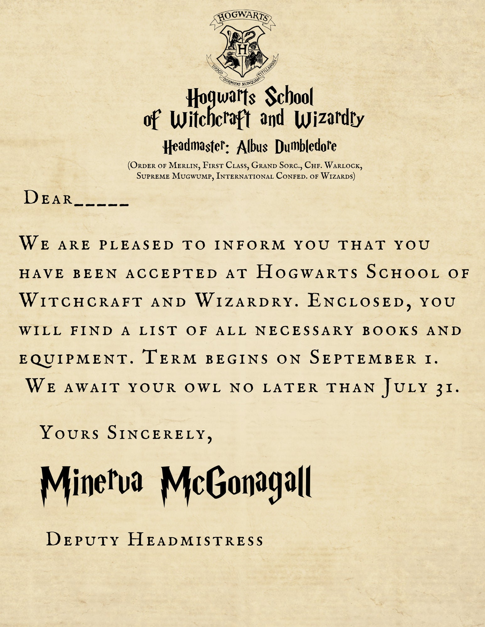 Hogwarts Acceptance Letter Custom Magical Acceptance Letter Etsy