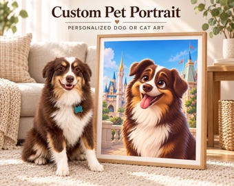 May include: A framed art print featuring a cartoon-style illustration of a brown and white dog with a castle in the background, displayed next to a real brown and white dog. The text reads Custom Pet Portrait and Personalized Dog or Cat Art.