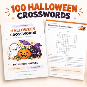Puede incluir: Un libro de crucigramas de Halloween con una portada que muestra un fantasma, una calabaza y un gato negro. El título dice 100 Halloween Crosswords. La página interior muestra una cuadrícula de crucigrama, pistas y un banco de palabras.