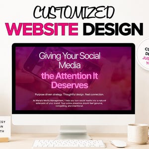 May include: A computer screen shows a website design with the text "Giving Your Social Media the Attention It Deserves." The image includes the words "CUSTOMIZED WEBSITE DESIGN" and a sign that says "STRATEGY DESIGN GROWTH."