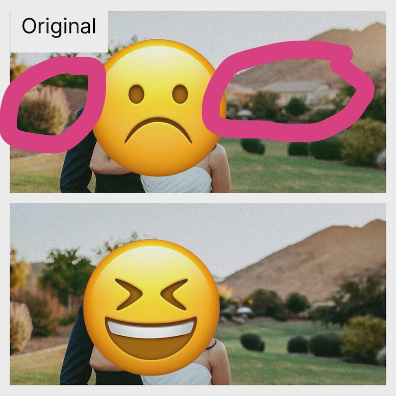 May include: A split-view photograph showing two people outdoors. The top image features pink circles drawn over a landscape with mountains and shrubs. The bottom image shows the same scene without the pink circles. Both images include text.