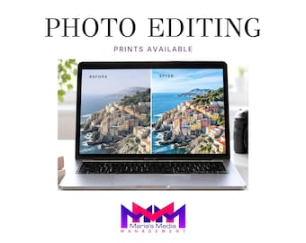 May include: A silver laptop displaying a split-screen photo editing comparison of a coastal town. The text PHOTO EDITING and PRINTS AVAILABLE appears above the screen, while the Maria's Media Management logo is positioned at the bottom of the image.