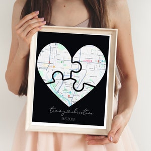 Quebra-cabeça de coração personalizado, coração de três vias, presente de aniversário, impressão de mapa, presente de casamento personalizado, presente de amigo, presente de amigo de longa distância - DIGITAL