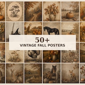 Peut inclure: Une collection d'affiches d'automne au style vintage présentant des illustrations sépia de citrouilles, tournesols, animaux des bois, chevaux et paysages rustiques. Le texte central indique 50+ VINTAGE FALL POSTERS en brun.