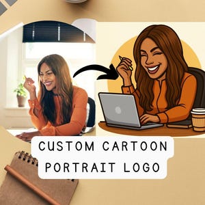 Puede incluir: Imagen de un logotipo de retrato de dibujos animados personalizado. La imagen presenta a una mujer con una camisa naranja, con un portátil y una taza de café. El texto "CUSTOM CARTOON PORTRAIT LOGO" se muestra debajo.