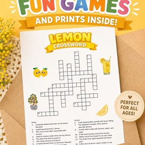 May include: A printed lemon crossword puzzle with the text "FUN GAMES AND PRINTS INSIDE!" and "LEMON CROSSWORD". Includes illustrations of lemons, a lemon drink, and a "PERFECT FOR ALL AGES!" sticker. The puzzle is on a white sheet.