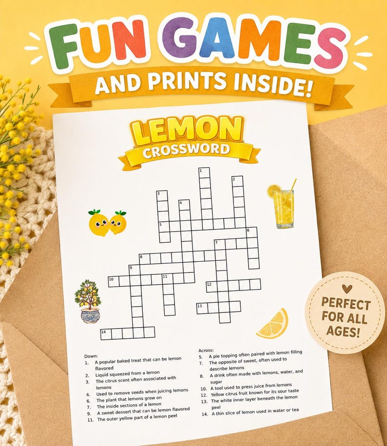 May include: A printed lemon crossword puzzle with the text "FUN GAMES AND PRINTS INSIDE!" and "LEMON CROSSWORD". Includes illustrations of lemons, a lemon drink, and a "PERFECT FOR ALL AGES!" sticker. The puzzle is on a white sheet.