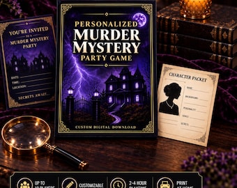 Könnte beinhalten: Ein personalisiertes Krimi-Partyspiel-Set mit einer Box, die ein Spukhaus, einen Blitz und einen Vollmond zeigt. Es enthält eine Einladungskarte, ein Charakterpaket mit einer Silhouette und eine Lupe mit goldenem Rand.