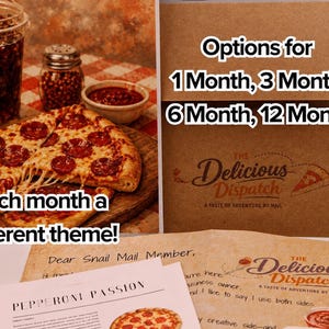 May include: A pepperoni pizza with melted cheese on a wooden board, accompanied by a drink, sauce, and spices. The image also shows a subscription box with options for 1, 3, 6, and 12 months, with the text "The Delicious Dispatch".