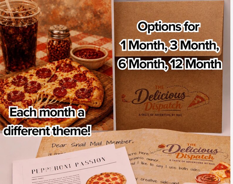 May include: A pepperoni pizza with melted cheese on a wooden board, accompanied by a drink, sauce, and spices. The image also shows a subscription box with options for 1, 3, 6, and 12 months, with the text "The Delicious Dispatch".