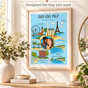 Peut inclure: Une affiche encadrée de carte d'amour personnalisée avec une illustration centrale circulaire d'un couple entourée de scènes colorées de Londres, Paris, Belize et Italie. Le texte indique Our Love Map, Maria + Nile, Somerville, MA 1 Sep 2019 et Italy 18 Sep 2026.