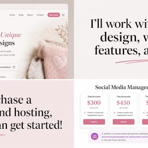 May include: A digital marketing service display featuring a website mockup for Kate's Sew Chic, text stating I'll work with you on design, website features, and SEO, instructions to purchase a domain and hosting, and a social media management pricing table.