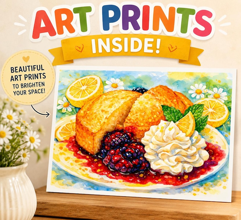 May include: Art print featuring a watercolor illustration of a dessert with blackberries, whipped cream, and lemon slices. The print is on a white background with the text "ART PRINTS INSIDE!" and "BEAUTIFUL ART PRINTS TO BRIGHTEN YOUR SPACE!"