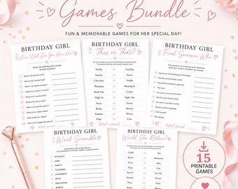 May include: A set of five printable birthday party game sheets titled Birthday Girl Games Bundle, including How Well Do You Know Her, This or That, Find Someone Who, Word Scramble, and Would She Rather, featuring pink text and heart accents.