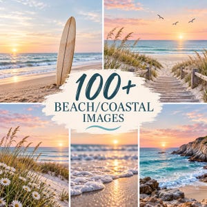 Puede incluir: Una colección digital de más de 100 imágenes de playa y costa que presenta varias escenas, incluyendo una tabla de surf en la arena, un paseo marítimo de madera al atardecer, hierbas costeras con flores, olas y costas rocosas.