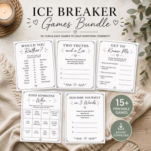 Pode incluir: Uma coleção de cinco folhas de jogo em papel branco com texto preto e ícones de coração decorativos. As folhas são intituladas Ice Breaker Games Bundle, Would You Rather, Two Truths and a Lie, Get to Know Me, Find Someone Who e Describe Yourself in 3 Words.