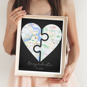 Personalized Puzzle heart, Heart map, Anniversary gift, Map print, Custom wedding gift, Paper Anniversary, Map Art, Engagement gift-DIGITAL