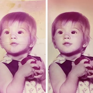 May include: A side-by-side comparison of a vintage photograph showing a young child with short hair holding a round object. The left image displays visible creases and discoloration, while the right image shows a restored, clearer version.