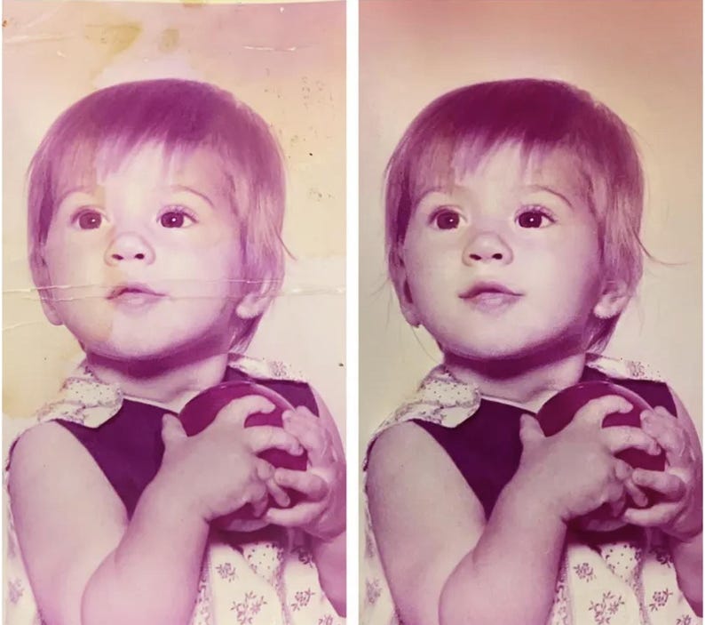May include: A side-by-side comparison of a vintage photograph showing a young child with short hair holding a round object. The left image displays visible creases and discoloration, while the right image shows a restored, clearer version.