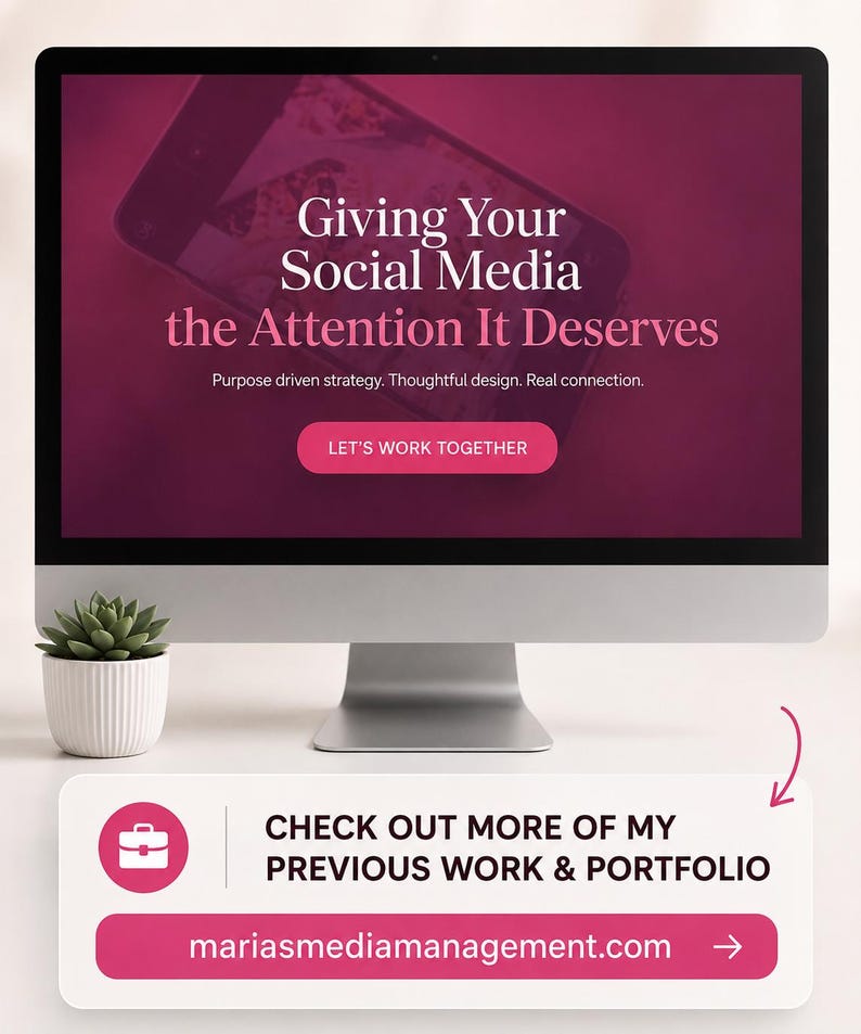 May include: A computer monitor displaying a website with a dark magenta background and white text that reads Giving Your Social Media the Attention It Deserves, Purpose driven strategy. Thoughtful design. Real connection. LET'S WORK TOGETHER.