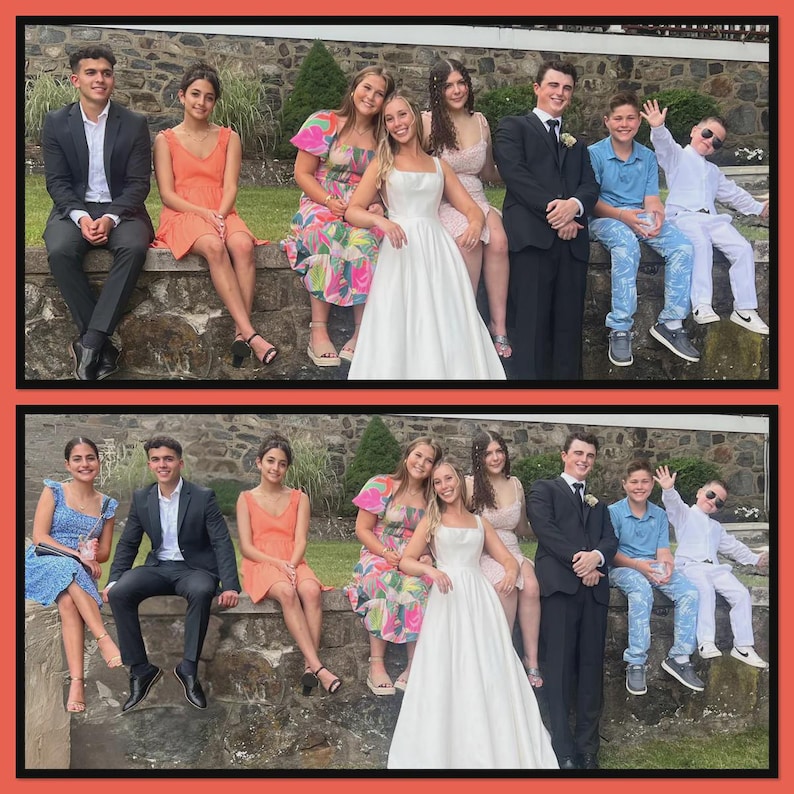 May include: A group of young people posing for a photograph outdoors. The group includes individuals wearing formal attire such as a white dress, black suits, and various colorful dresses, alongside others in casual shirts and pants, sitting on a stone wall.